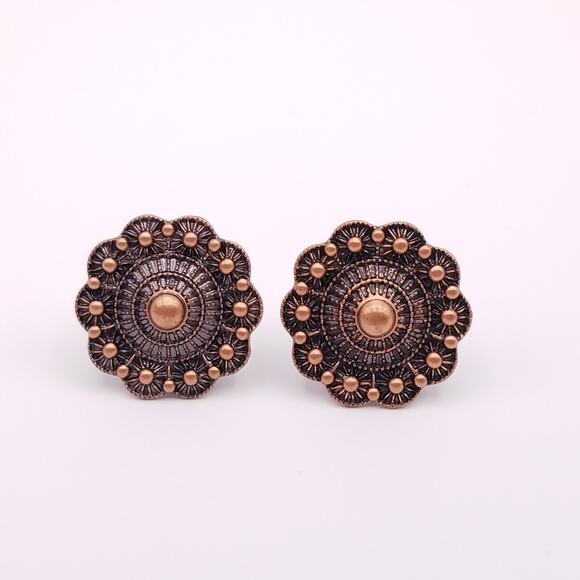 Copper Tone Round Clip On Earrings Faux Antiquing Patina Floral Starburst - Picture 1 of 4